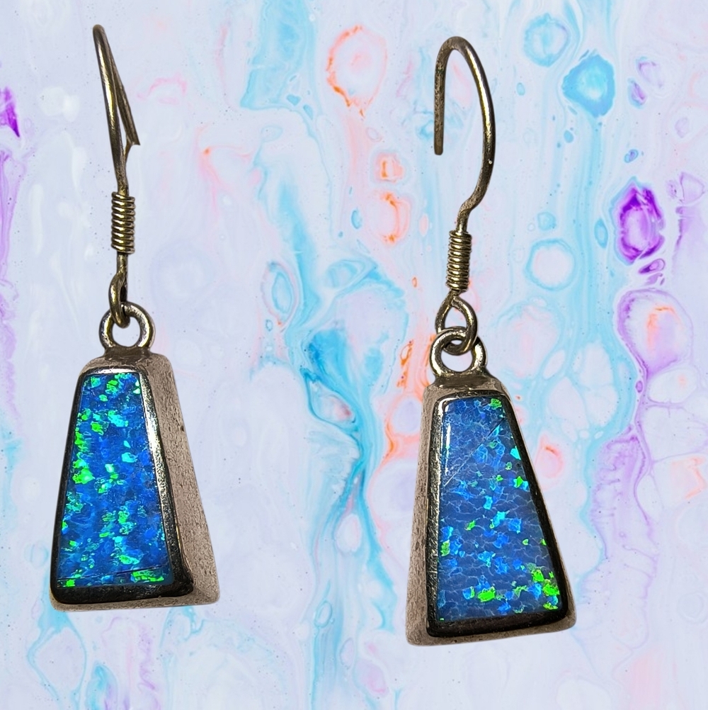 Mexico 950 Silver And Blue Green Lab Opal Dangle Earrings